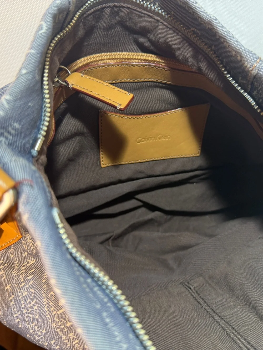 Calvin Klein Gray Logo Messenger Bag with Tan Strap